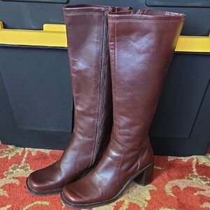 Y2K Square Tow Brown Leather  Chunky Heel Boots